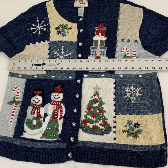 VTG Tiara Christmas Cardigan Sweater 2X Navy Crochet Knit Grandma Holiday Snow - Picture 7 of 10